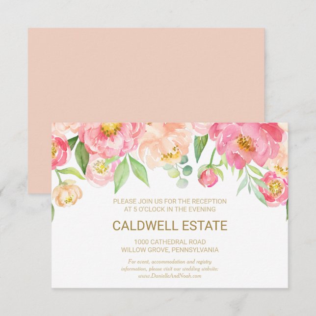 Peach and Pink Peony Wedding Card Begleitkarte (Vorne/Hinten)