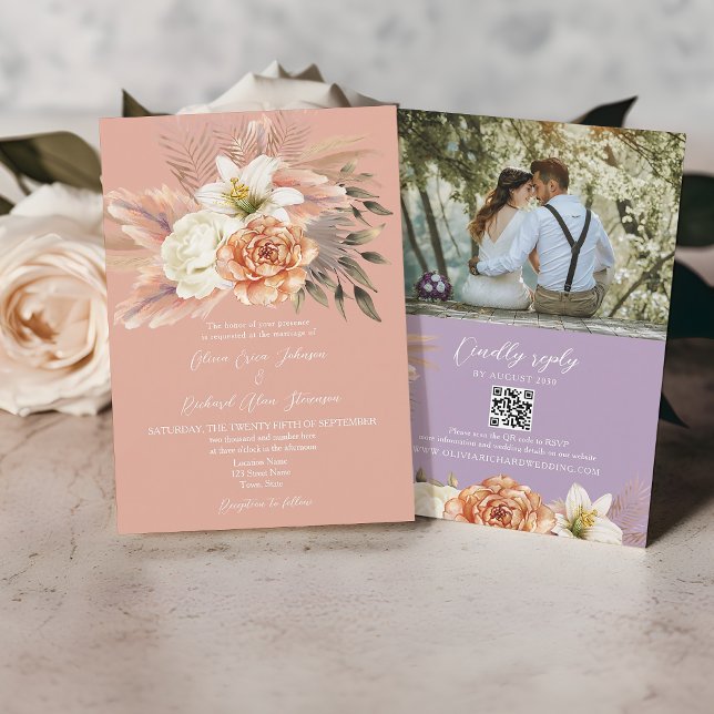 Peach and Purple Floral QR Code Mariage Invitation (Créateur téléchargé)
