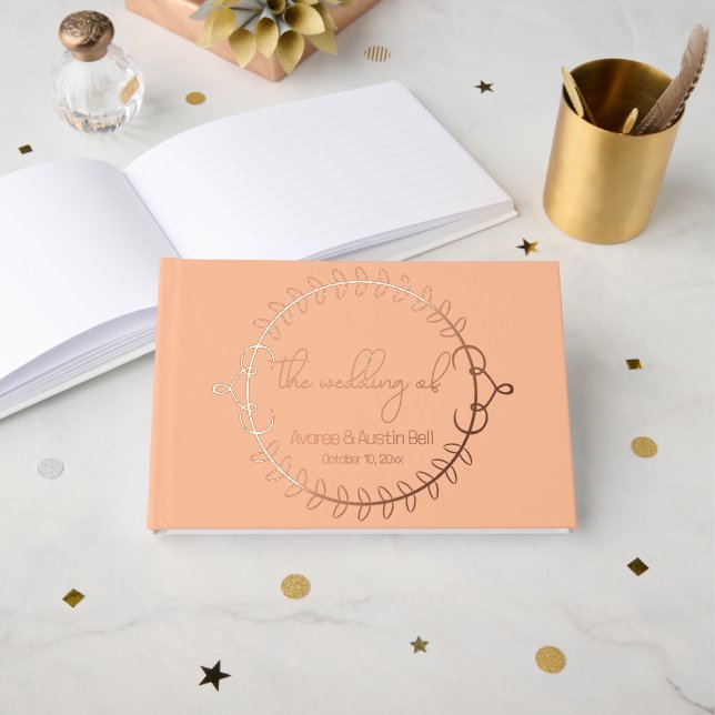 Peach and Rose Gold Foil Wedding Gästebuch (Vorderseite Offen)