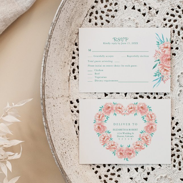 Peach and Turquoise Floral Wedding RSVP Card Dankeskarte (Peach and Turquoise Floral Wedding RSVP Card on a neutral boho wedding table.)
