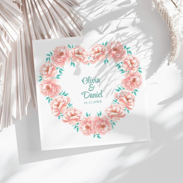 Peach and Turquoise Floral Wedding Serviette (Peach and Turquoise Floral Wedding Paper Dinner Napkins on a sunny white table.)