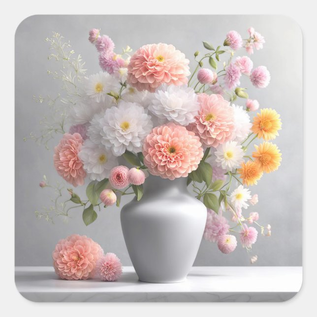 Peach and White Dahlia Bouquet Quadratischer Aufkleber (Vorderseite)
