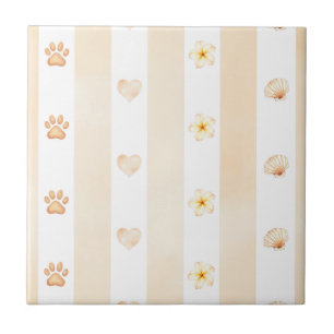 Peach and White Stripe - Herz, Blume, Paw Print Fliese