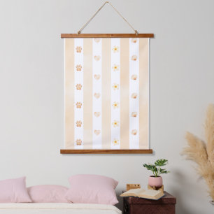 Peach and White Stripe - Herz, Blume, Paw Print Wandteppich Mit Holzrahmen
