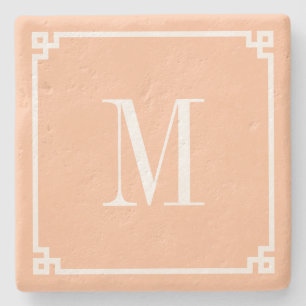 Peach and White Thin Griechisch Key Border Monogra Steinuntersetzer