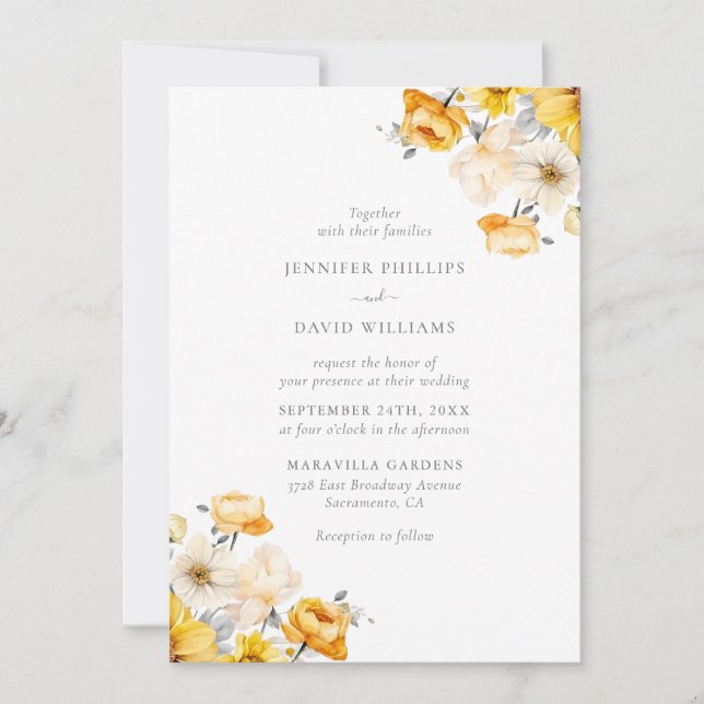 Peach and Yellow Minimalistisch Floral Wedding Einladung (Vorderseite)