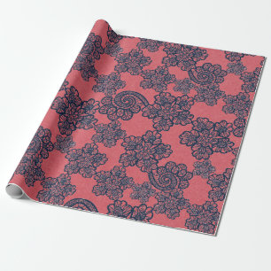 PEACH APRICOT NAVY LACE PATTERING WRAPPING PAPIER GESCHENKPAPIER