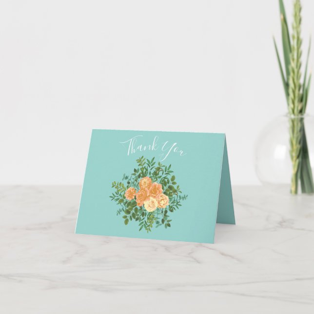 Peach Aqua Aquamarin Hochzeit Rose Blumenkohl Dankeskarte (Vorderseite)