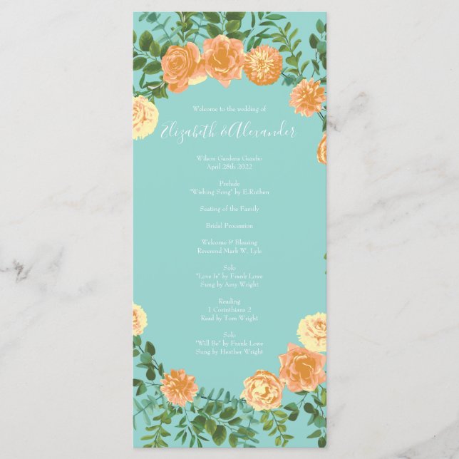 Peach Aqua Aquamarin Hochzeit Rose Blumenkohl Menükarte (Vorderseite)