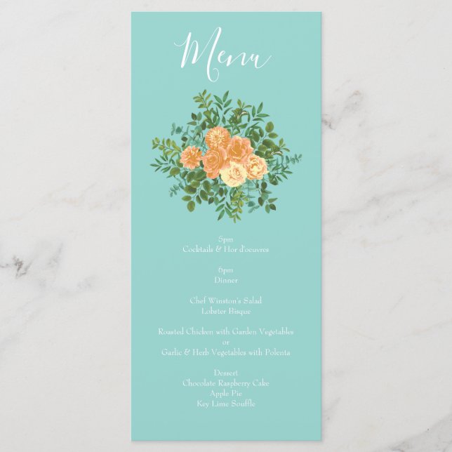 Peach Aqua Aquamarin Hochzeit Rose Blumenkohl Menükarte (Vorderseite)
