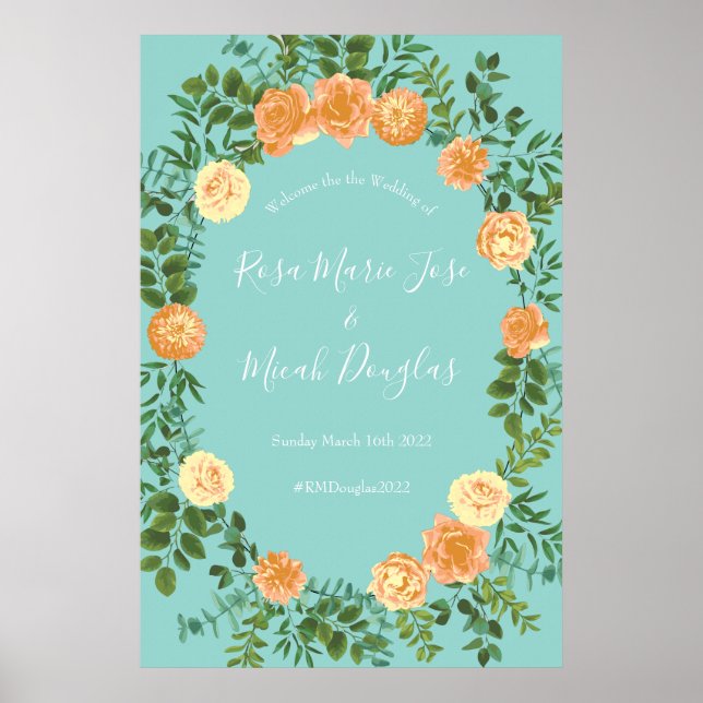 Peach Aqua Aquamarin Hochzeit Rose Blumenkohl Poster (Vorne)