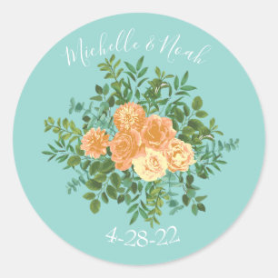 Peach Aqua Aquamarin Hochzeit Rose Blumenkohl Runder Aufkleber