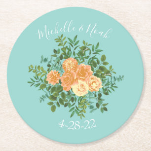 Peach Aqua Aquamarin Hochzeit Rose Blumenkohl Runder Pappuntersetzer