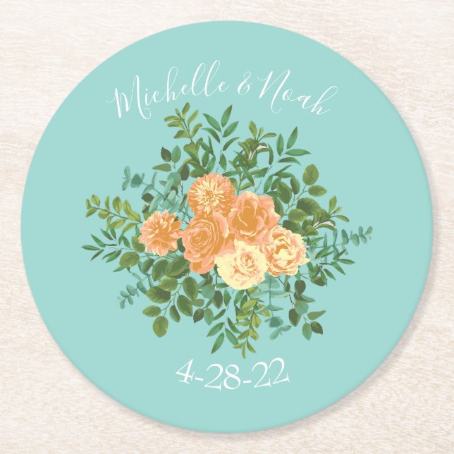Peach Aqua Aquamarin Hochzeit Rose Blumenkohl Runder Pappuntersetzer (Vorderseite)