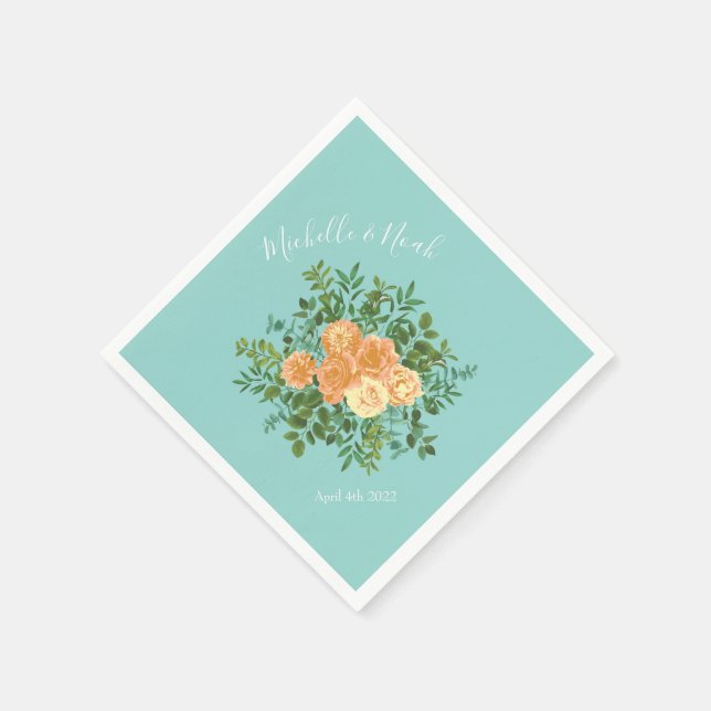 Peach Aqua Aquamarin Hochzeit Rose Blumenkohl Serviette (Ecke)