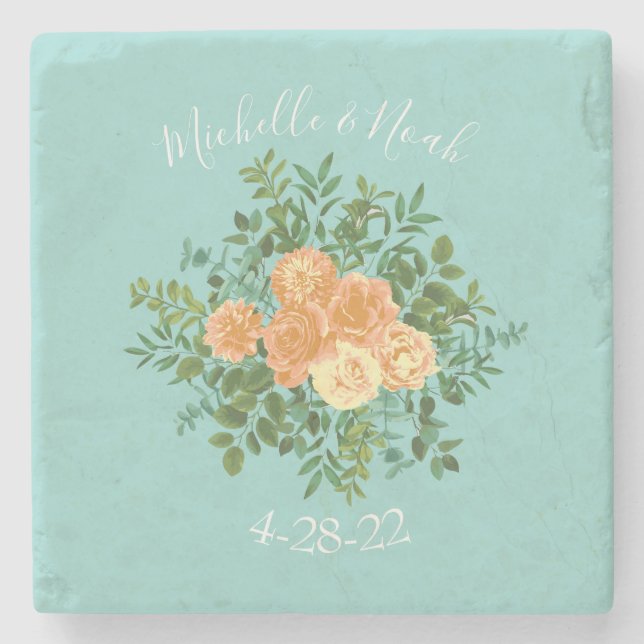 Peach Aqua Aquamarin Hochzeit Rose Blumenkohl Steinuntersetzer (Vorderseite)
