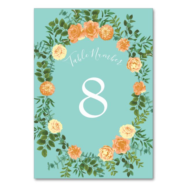 Peach Aqua Aquamarin Hochzeit Rose Blumenkohl Tischnummer (Rückseite)