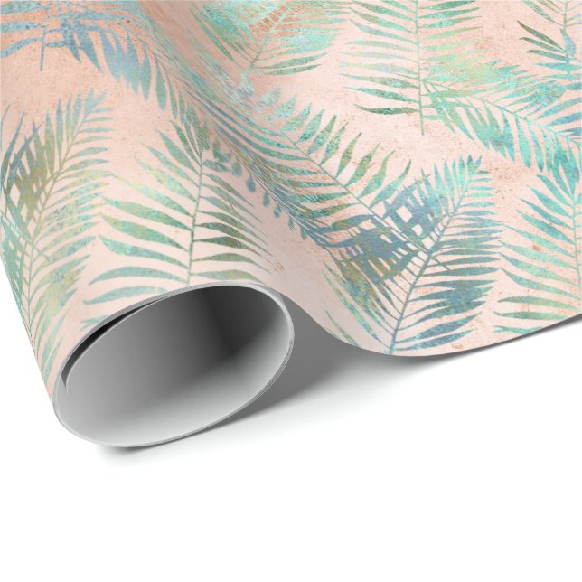 Peach Aqua Green Tropical Blätter Geschenkpapier (Rolleneckpunkt)