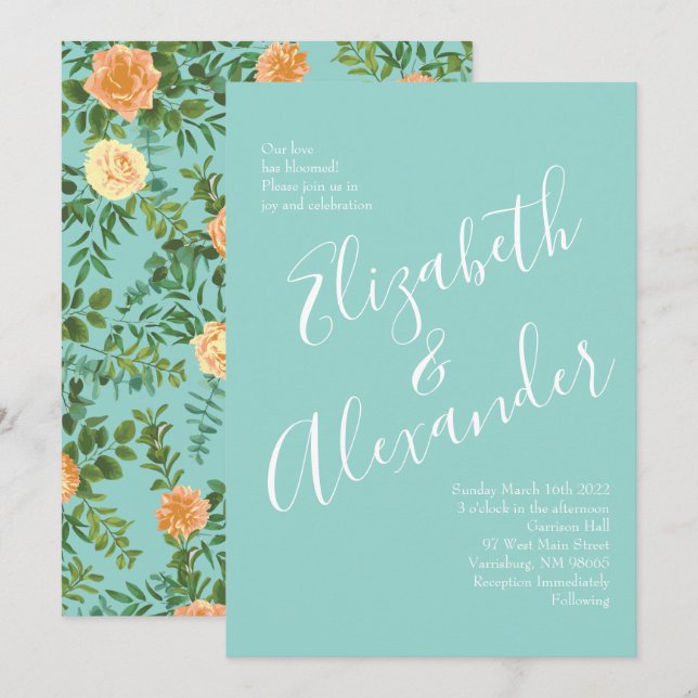 Peach & Aqua Peony & Rose Blumenzehen Einladung (Vorne/Hinten)