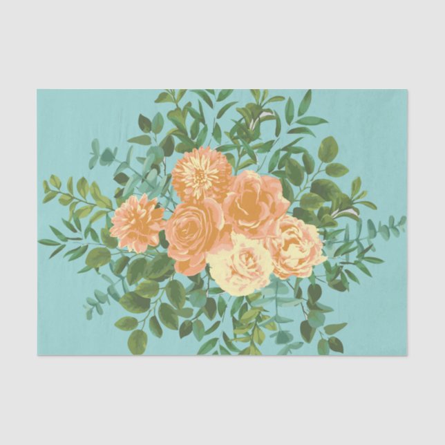 Peach & Aqua Peony & Rose Blumenzehen Seidenpapier (Vorderseite)