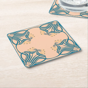 Peach Aquamarin Art Nouveau Rechteckiger Pappuntersetzer