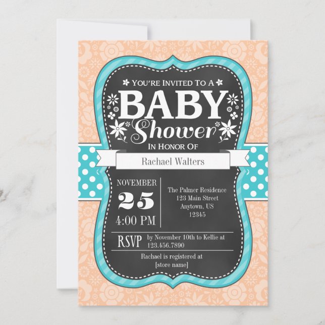 Peach Aquamarin Chalkboard Floral Baby Dusche lade Einladung (Vorderseite)
