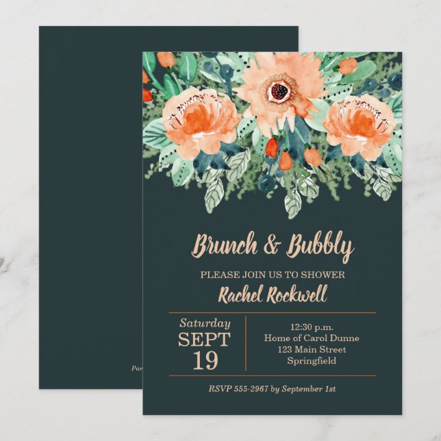 Peach Aquamarin Floral Brunch Brautparty Einladung (Vorne/Hinten)