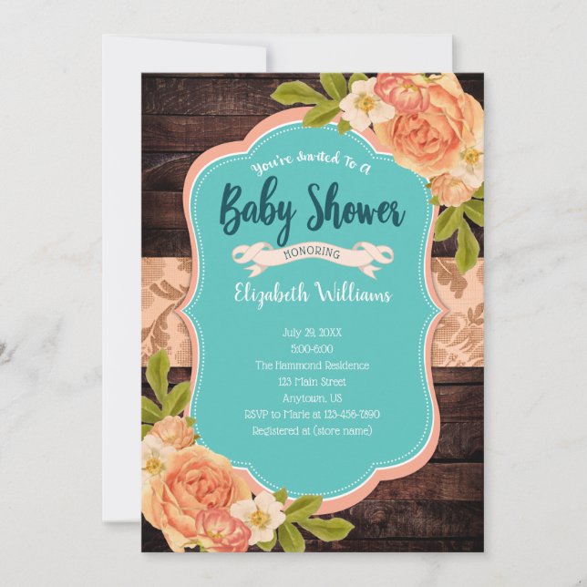 Peach Aquamarin Wood Watercolor Blume Kinderdusche Einladung (Vorderseite)