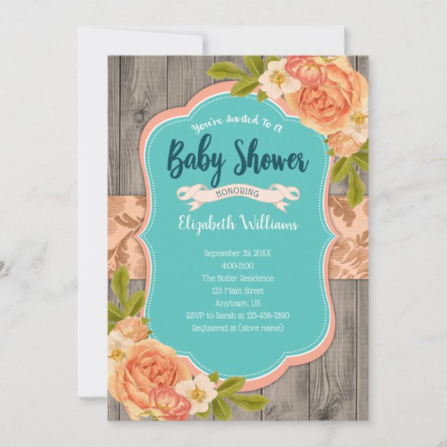 Peach Aquamarin Wood Watercolor Blume Kinderdusche Einladung (Vorderseite)