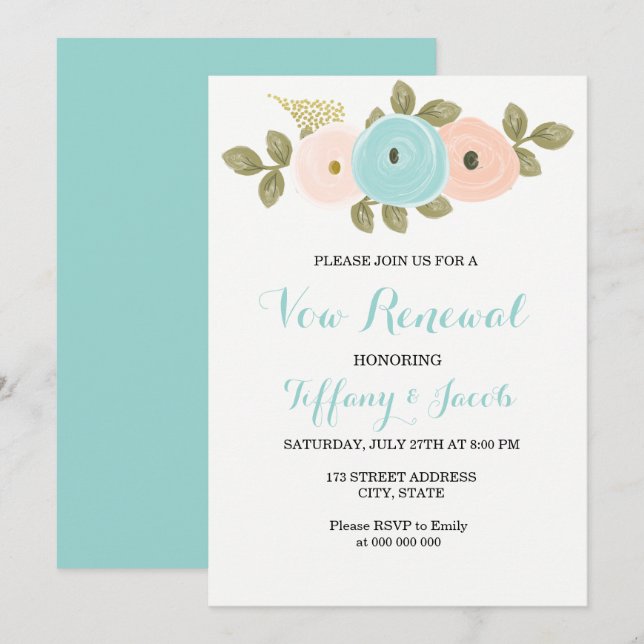 Peach Aquamarine Blume Vow Erneuerende Einladung (Vorne/Hinten)
