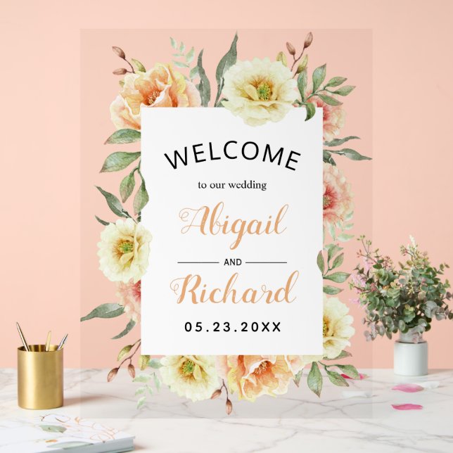 Peach Aquarell Blume Blumenheiraten willkommen Acrylschild (Hochzeit)