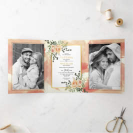 Peach Aquarell Blume und Blätter Blumenhochzeit Dreifach Gefaltete Einladung