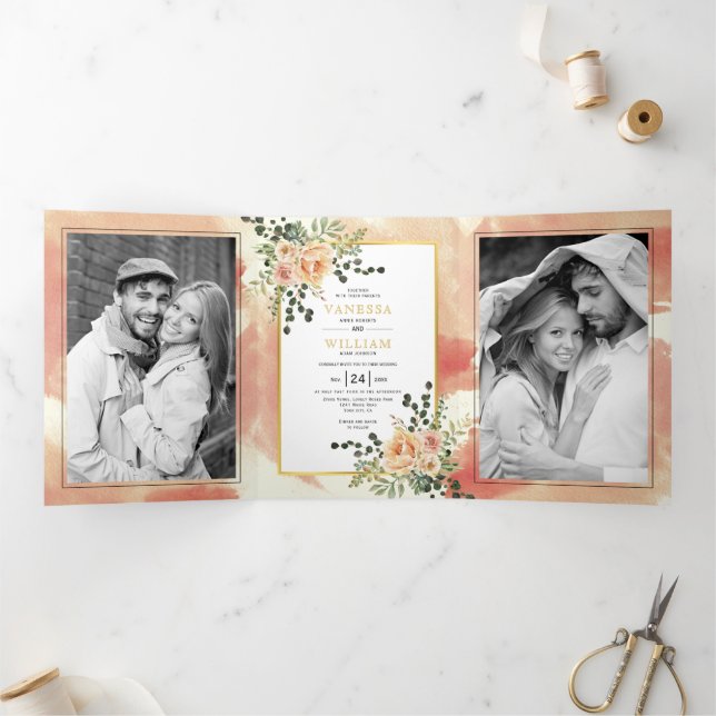 Peach Aquarell Blume und Blätter Blumenhochzeit Dreifach Gefaltete Einladung (Innenseite)
