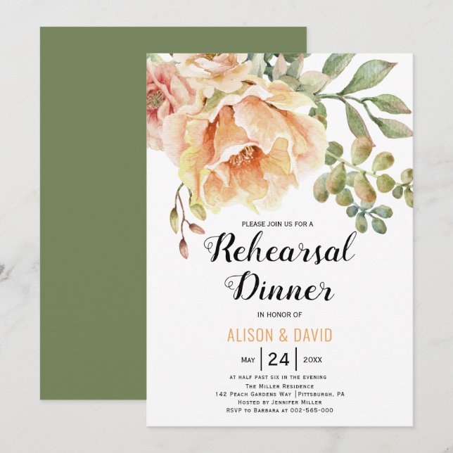 Peach Aquarell Blumen Hochzeit Probe Dinner Einladung (Vorne/Hinten)