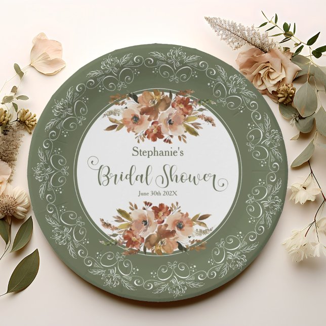 Peach Aquarell Brautparty Sage Green Pappteller (Peach Watercolor Floral Bridal Shower Sage Green Paper Plates)