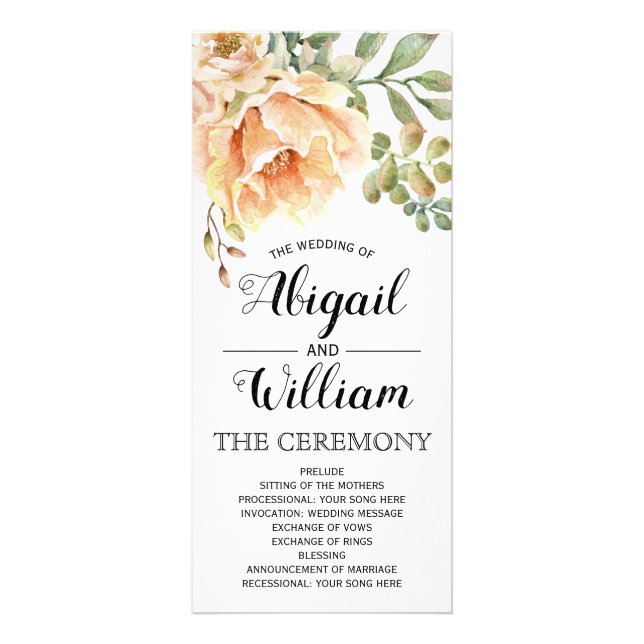 Peach Aquarellfarben Blume Blumenhochzeit Programm (Vorne)
