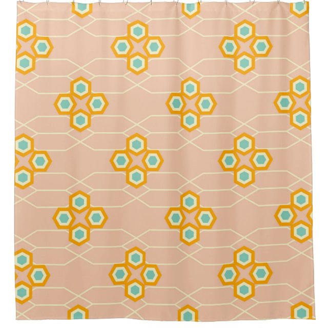 Peach background hexagonal floral pattern  duschvorhang (Vorderseite)