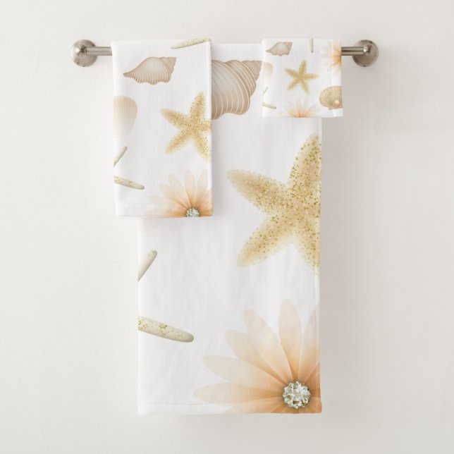 Peach Beach Seashells & Blume Modernes Glam Badhandtuch Set (Insitu)