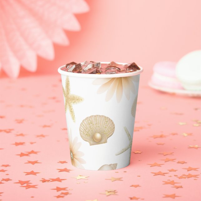 Peach Beach Seashells & Blume Summer Chic Paper Pappbecher (Insitu)