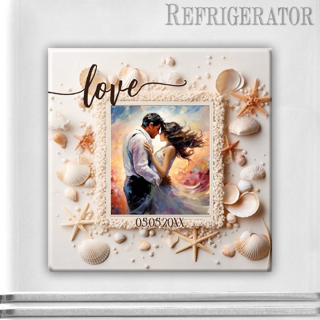 Peach Beach Shells Love Photo Magnet (Romantic photo magnet featuring your photo on a beach design with shells - wedding - save the date)