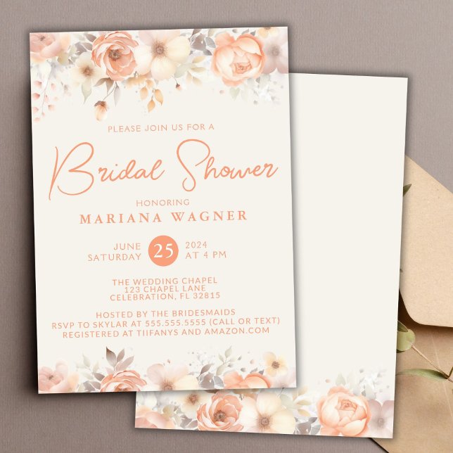 Peach Beige Blume auf ivorischem Brautparty Einladung (Von Creator hochgeladen)