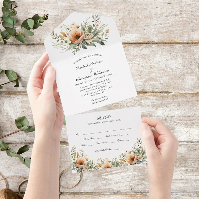 Peach Beige Blumenhochzeit in einer Einladung (Beige Peach Watercolor Floral Greenery Botanical All in one Wedding Invitation)