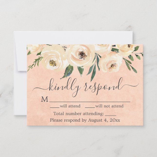 Peach Beige Floral Gold sur carte RSVP rose (Devant)