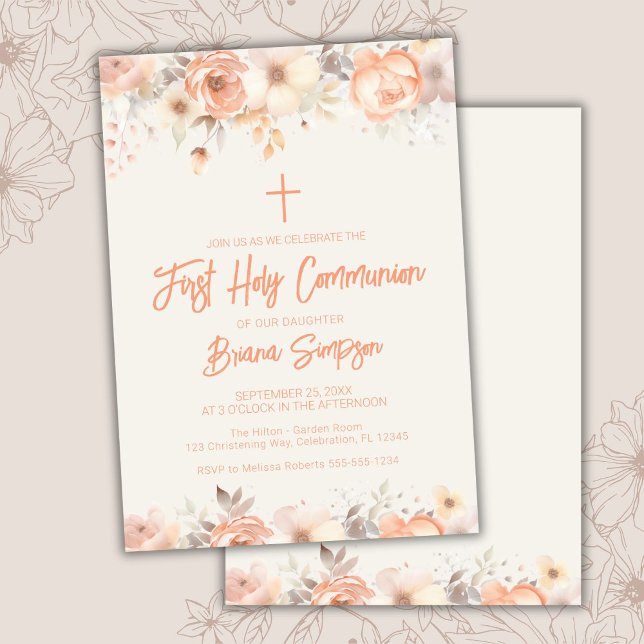 Peach Beige Ivory Floral First Heilige Kommune Einladung (Von Creator hochgeladen)