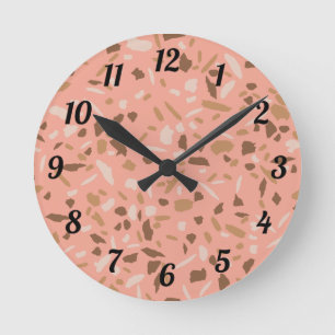 Peach Beige Tan Brown Terrazzo Marble Pattern  Runde Wanduhr