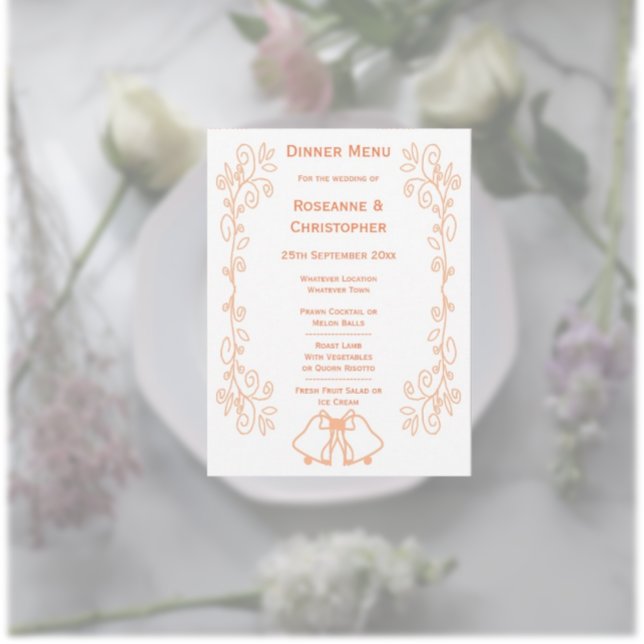 Peach Bells Scrollwork Design Wedding Menükarte (Peach wedding menu bells and scrollwork design)
