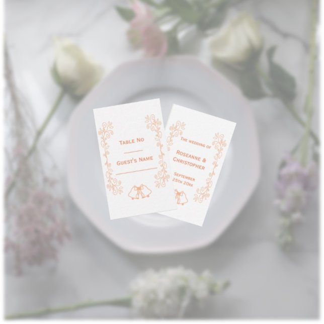 Peach Bells Scrollwork Design Wedding Platzkarte (Peach wedding place setting card bells and scrollwork design)