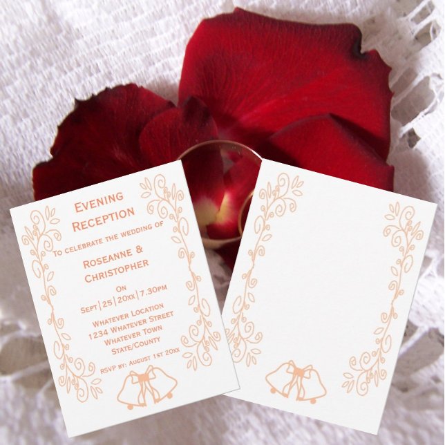 Peach Bells Scrollwork Hochzeitsempfang Einladung (Peach wedding reception invitation bells and scrollwork design)