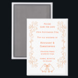 Peach Bells Scrollwork Wedding Save the Date Magnet<br><div class="desc">Hochzeit speichern Sie das Design der Datums-Magneten Glocken. Pfirsichfarbene Hochzeit anpassen,  speichern Sie den Datums-Magneten mit Ihren Hochzeitsdetails. Wenn Sie Hilfe bei der Anpassung benötigen,  kontaktieren Sie uns über den Link auf dieser Seite. Pfirsichfarbene Glocken Design personalisierte Hochzeit speichern das Datum Magnet</div>