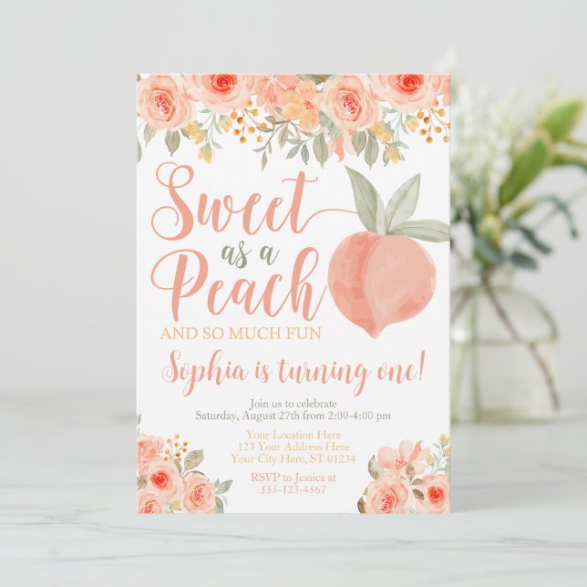 Peach Birthday Einladung Sweet as a Peach (Stehend Vorderseite)